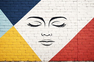 Graffiti art of a face on a colorful brick wall