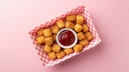 Crispy golden potato tots served with rich ketchup in a diner basket on a pink background