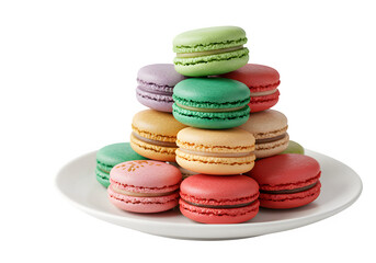 Obraz premium A stacked assortment of colorful macarons on a white circular plate isolated on white or transparent background. PNG