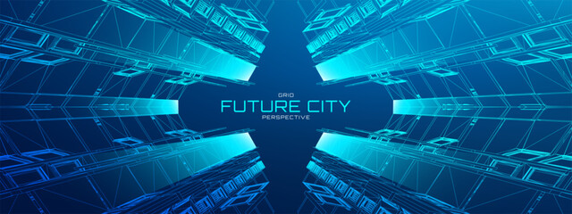 Metaverse future city with neon 3D buildings and abstract tech backgrounds. Smart digital skyline featuring cyber architecture and AI data streams. Virtual reality landscapes or holographic streets.