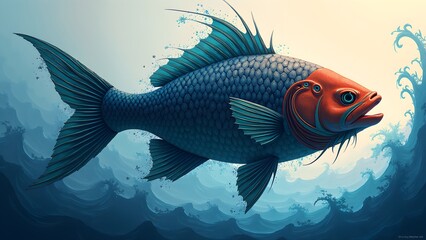 Abstract Fish Silhouette Design with Ocean Wave Pattern