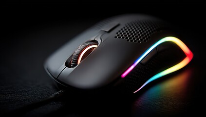 Black wireless computer mouse on a dark background, an essential office technology accessory for seamless PC navigation and work.