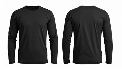 Apparel showcase—front and back view of person wearing plain black long-sleeve shirt and blue denim jeans. Neutral stance with clear, unobstructed framing emphasizes fit, fabric contrast, and wearable