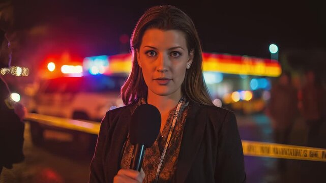 Female journalist reporting news with microphone at night scene  police lights