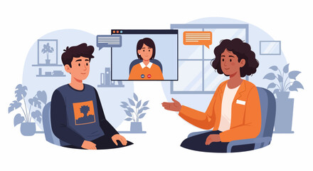 Online Therapy Session Depicted with Three Individuals in a Room