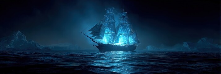 Old sailing vessel cruising through the nocturnal sea under a vast sky.