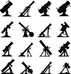 Vector silhouette set of military mortars and artillery. Ideal for army, tactical, gaming, and historical war-themed design projects.