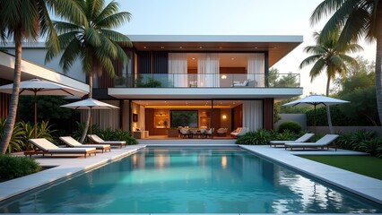 Contemporary Villa with Pool, Palm Trees, and Outdoor Lounge