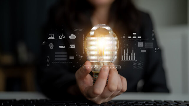 Cybersecurity protection system showing password encryption, fingerprint ID, cloud security, email, credit card, and database lock for secure data access Latch
