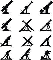 Vector silhouette set of military mortars and artillery. Ideal for army, tactical, gaming, and historical war-themed design projects.