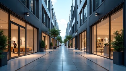 Clean Commercial Alleyway with Glass Facades and Minimal Foot Traffic