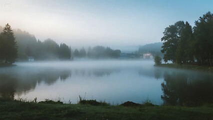 Fototapeta premium A serene lake reflects the misty landscape under a soft, tranquil morning light