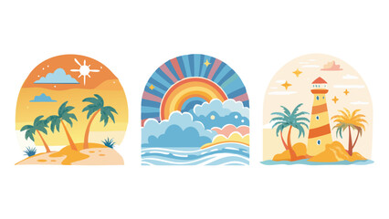 Obraz premium Tropical beach sunset with palm trees rainbow and lighthouse scenes