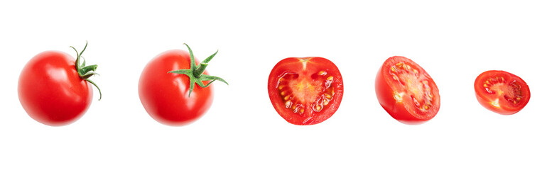 A whole red tomato and half of it isolated on a white background.