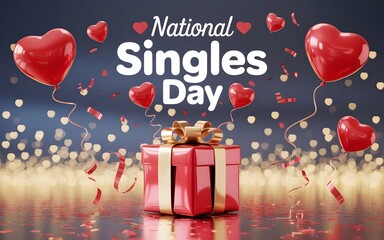 A festive and vibrant poster celebrating National Singles Day with a red gift box, heart balloons, and sparkling confetti.