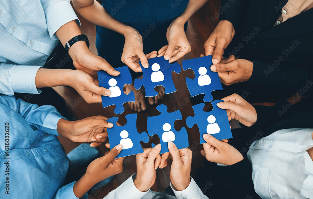 Poster this image showcases a diverse group of hands connecting puzzle pieces, symbolizing collaboration an