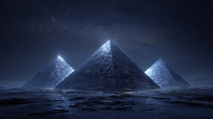 Three mystical glowing pyramids against a starlit sky