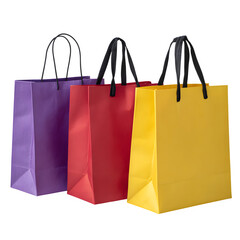 Three colorful paper gift bags with handles isolated on transparent background