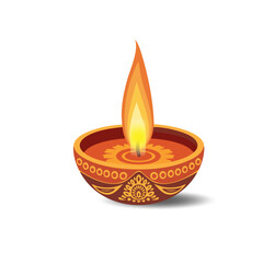 Decorative Traditional Diwali Diya Lamp with Flame on White Background – Vector 
