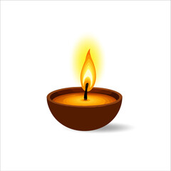 Traditional Oil Diya Lamp with Flame on White Background – Vector Illustration