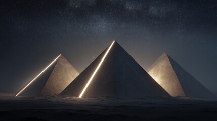 Three mystical glowing pyramids against a starlit sky