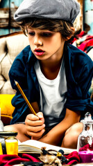 A portrait of a young boy in a cap, holding a pencil, with jars and books around him.