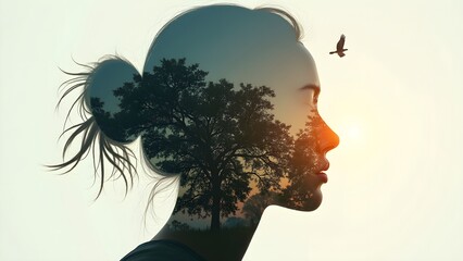 Double Exposure Silhouette Art Combining Human Face and Natural Landscape