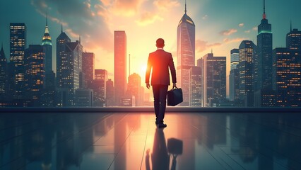 Businessman Silhouette Walking with Briefcase and City Skyline