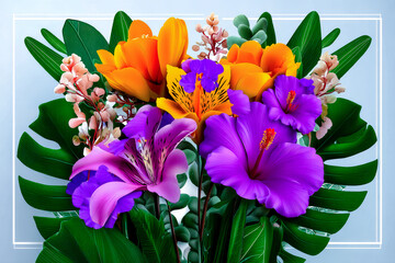 An illustration of a mixed floral arrangement featuring various flowers and tropical leaves on a clean light background with white frame for a greeting card