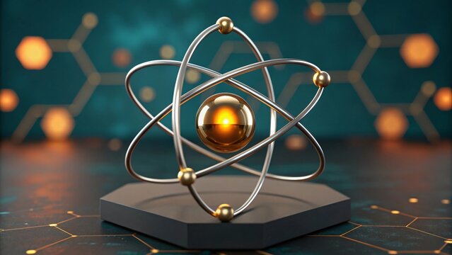 Golden nucleus atom model orbiting electrons atomic