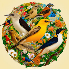 A circular composition with various birds and diverse flora, isolated on a bright background.