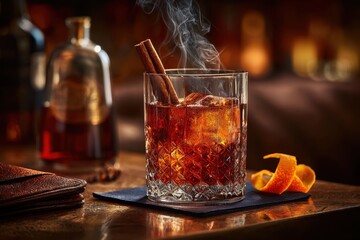 An aromatic cinnamon-smoked cocktail in a crystal glass with orange peel garnish.