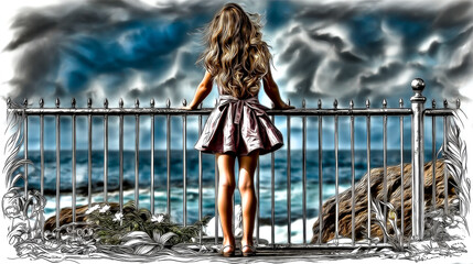 A girl with long hair standing on the embankment and looking at the raging ocean