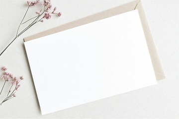 Blank postcard mockup with envelope on beige background with gypsophila flowers.