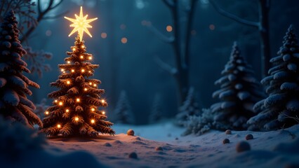 Silhouette of Decorated Christmas Tree with Glowing Star