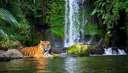 a majestic bengal tiger resting by a crystal clear waterfall surrounded by lush green jungle