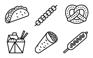 Iconic Fast Food Collection Minimalist Black and White Line Art Featuring Taco Skewer Pretzel Takeout Burrito and Corn Dog