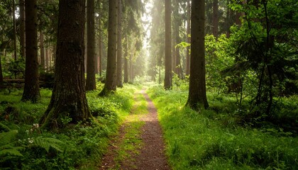 Obraz premium Sunlight path through a dense forest