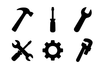 Obraz premium Silhouette tools set: hammer, screwdriver, wrench, gear, and more