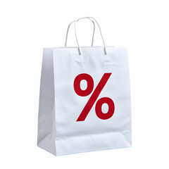 White shopping bag with red percentage symbol isolated on transparent background