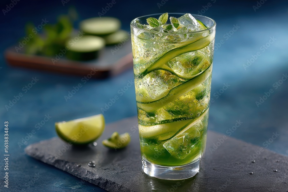 Poster a refreshing cucumber and mint drink with ice, garnished with lime and cucumber slices.