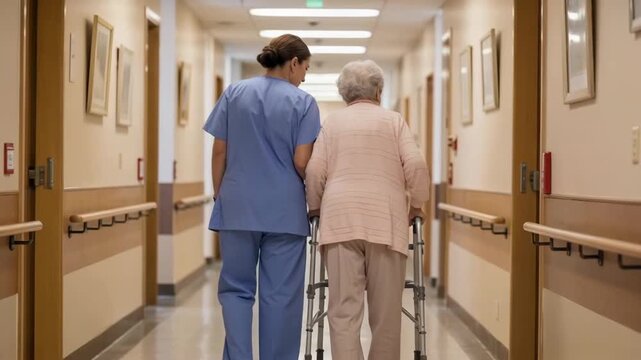 Elderly woman leaning on a walker assisted by caregiver walking in nursing home corridor.
