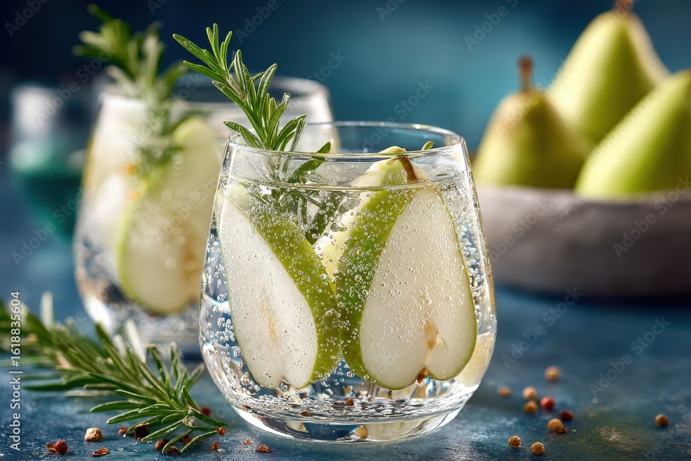 Poster invigorating sparkling water with fresh pear slices and fragrant rosemary.