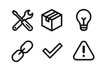 Essential icon set: tools, package, light bulb, link, checkmark, caution symbol in bold outline