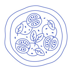 Fototapeta premium Italian pizza margherita with basil, tomatoes and mozzarella, top view line art. Tasty hand drawn pizza outline sticker. Vector illustration in trendy flat style