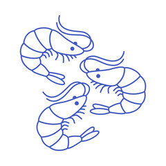 Hand drawn shrimps line illustration. Sea food, marine animal outline stickers. Fish market, restaurant cooking ingredient. Vector illustration in trendy flat style