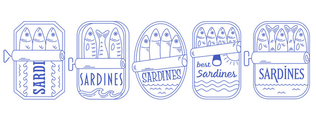 Set of canned sardines line art. Canned seafood. Outline stickers of fish products packaging. Mediterranean italian style. Vector illustration in flat style