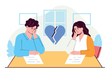 Couple formally ending marriage, signing signing separation documents, vector illustration

