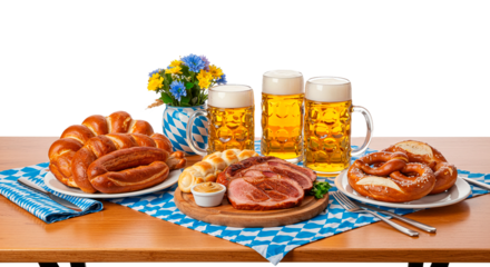 German food and beverage festival with beer pretzels and meat for oktoberfest celebration party on transparent background