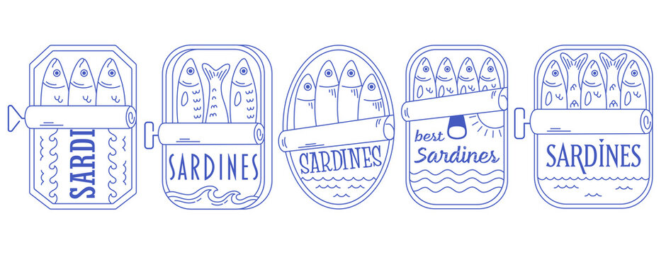 Set of canned sardines line art. Canned seafood. Outline stickers of fish products packaging. Mediterranean italian style. Vector illustration in flat style